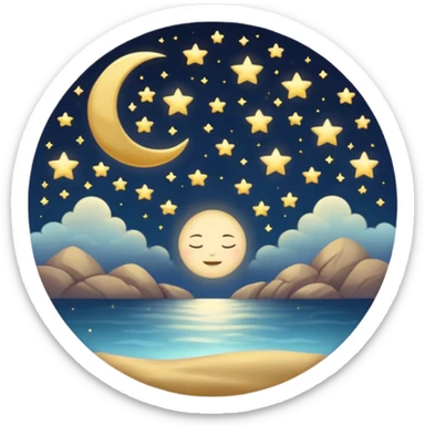 "Design a calming circle emoji for evening reflection. Soft moonlight, gentle stars, peaceful or spiritual symbols. No people - emphasize tranquil colors, night sky elements, and serene christian imagery." sticker