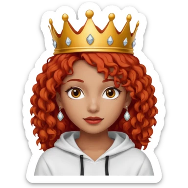 
Slim girl with a fine face, dark and tanned skin, medium-length curly tomato-red hair, dark eyes, medium-thick eyelashes, and a crown and earrings, wearing a white hooded sweatshirt. sticker