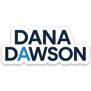 bold geometric sans-serif logo of 'Dana Dawson', modern, clean, blue accent sticker