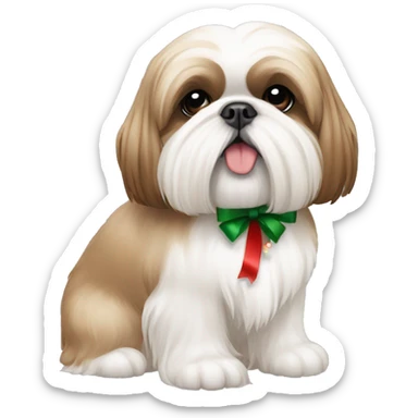 Tan and white coloured shih tzu sitting facing forward with christmas bow sticker