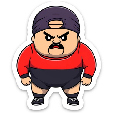 Extreme close-up of face of morbidly obese white skin guy with young face, prominent BLACK DURAG tied clearly on head, black beard but no mustache, clean shaven upper lip, black eyes in a red and black wrestling singlet with angry expression sticker