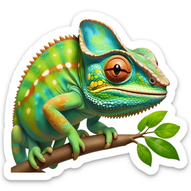 cinematic giant-smiling. chameleon-realistic emoji,-blending-with-vibrant-greenery.-detailed-scales-in-shifting-colors,-showing-the-chameleon’s-ability-to-camouflage.-soft-natural-light-highlights-its-texture.-nature-background, zoomed into its face sticker