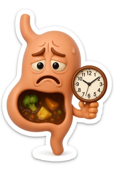 EMOJI STILE IPHONE 3D DI UNo stomaco umano con espressione dolornate, ha del cibo visibile dentro che non sta digerendo. in mano tiene un orologio da muro, iperrealistico 4k sticker
