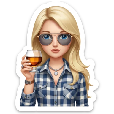 girl with long blond hair, wearing grey/white plaid shirt, with blue eyes and aviator sunglasses, wearing a ring on her silver necklace around her neck, holding a glass of whiskey, wearing rose gold apple watch sticker