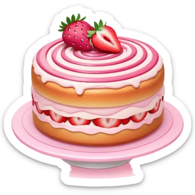 A fluffy strawberry cream roll cake with pink swirl and sliced strawberries on top, soft lighting, kawaii dessert style sticker