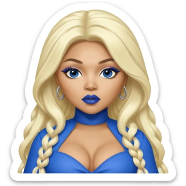 Lil Kim with long platinum blonde hair, blue lip and outfit sticker