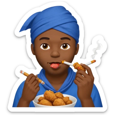 black man eating fried chicken with blue bandana and cigarette in teeth. Create this emoji in apple emojis style sticker