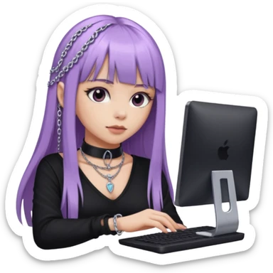 lilac girl with long hair and bangs worker and acessories with a pc worten the clothes black like an alternative sticker