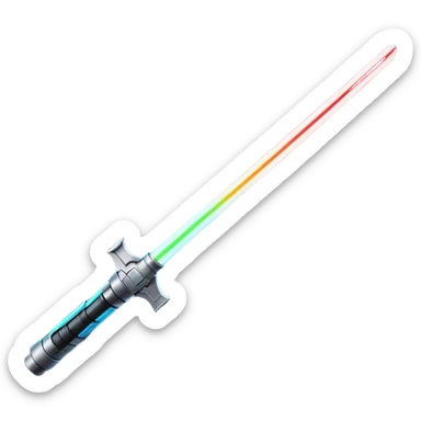 Clash of Clans aesthetic: Cinematic heroic light sabre Emoji, rendered in a 3D vector-style similar to standard emojis with minimal shading and bold, simplified shapes. A compact, vibrant energy blade with a neon-hued, glowing edge and futuristic hilt, softly glowing with a radiant cosmic charm. Simplified yet unmistakably iconic, highly detailed and consistent, glowing with a soft pulsating brilliance and high shine. Stylized with a touch of interstellar elegance and a soft glowing outline, capturing the essence of a legendary energy blade with a friendly, playful manner! sticker