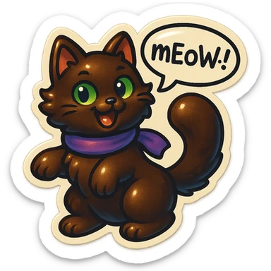 Fluffy cute playful silly smiling happy dark-brown cat with green eyes and a purple scarf saying ‘mEoW~!’ (With a speech bubble) sticker
