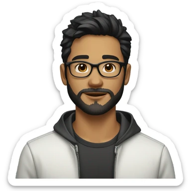 A beautiful  young man with black and medium hair and white skin and beard, wearing round glasses and jacket sticker