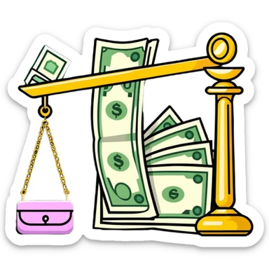 gold scale with cash on one side and beauty products on the other sticker