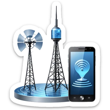 An icon featuring a satellite dish, a cell tower emitting signals, and a smartphone displaying a chat interface. The design includes fiber-optic cables and data waves, symbolizing global communication, connectivity, and information exchange. Transparent background. sticker