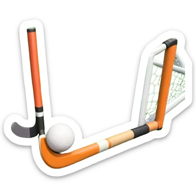 A field hockey stick and ball positioned on a vibrant green grass field, with the goalposts and clear field markings in the background. The scene highlights the lush, well-maintained turf, emphasizing the speed and precision of the sport in an energizing outdoor setting. sticker