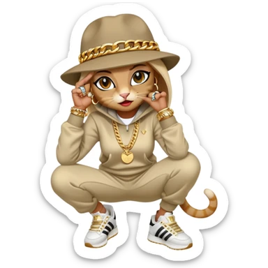 female cat wearing Run DMC hip-hop outfit with tracksuit, fedora, Adidas sneakers, many gold chains, rings, bracelets, flashy earrings, whispering to a friend, no sunglasses sticker