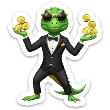 capitalist iguana banker in tuxedo and black sunglasses jongling with coins sticker