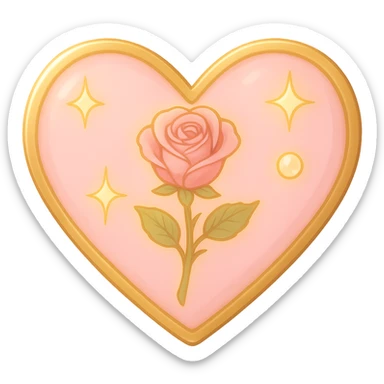 Add a soft glowing effect to the single rose pink heart, pastel pink enamel, sparkling gems, with a gold outline, with no background, in a general style. sticker