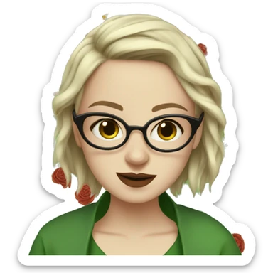 White girl in a green kurta with flower design, glasses, alot of piercing, gay, red lips, nose ring, full body, teen, short straight edgar hair,  sticker