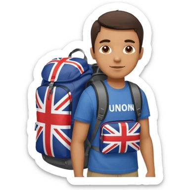 A guy with a hiking backpack and a Union Jack on his T-shirt holds the Union Jack. sticker