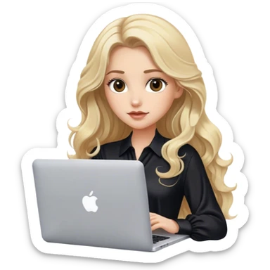 Blonde model with brown eyes, long wavy hair, black silky blouse, typing on MacBook  sticker