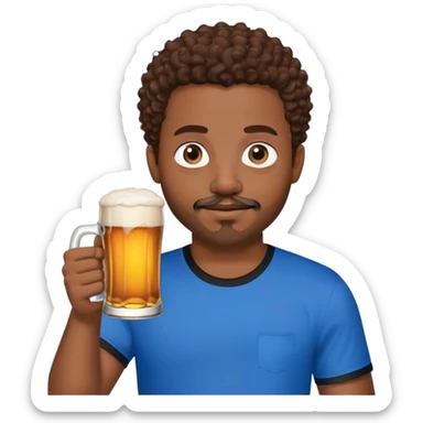 black man with short brown curly hair and blue eyes facial hair black shirt holding a beer sticker