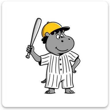 hippo holding a baseball bat, wearing a yellow helmet, pinstripes outfit sticker