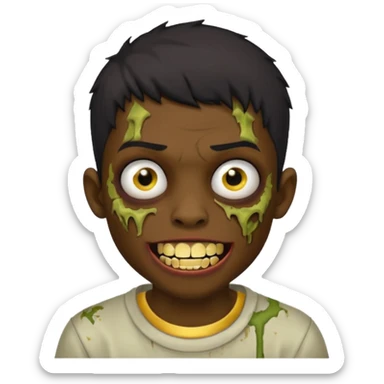 Make a boy zombie dark skin and short black 4c hair, showing a golden grilz teeth sticker