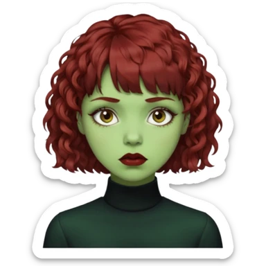 quero que você cria uma mulher, o rosto dela. nela, ela tem cabelo curto e ondulado, tem franja e ela tem semblante triste(cabelo cor meio preto avermelhado) deixe mais cacheado, faça ela bem alternativa (estilo) deixe ela com cor de pele verde sticker