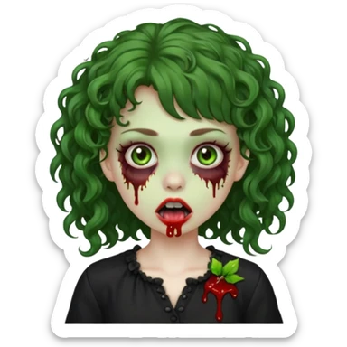 Green zombie emoji girl with curly Brown hair, with curly bangs, wearing a black bluse, blood Just in the tongue  sticker