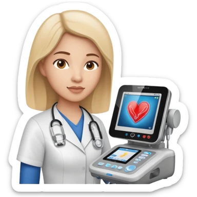 Cardiac sonographer with Philips ultrasound machine sticker