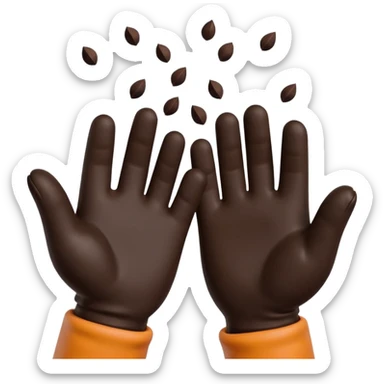 A 3D cartoon pair of gloved hands holding rich dark soil, small bits falling between fingers, bright garden background, soft light, Memoji-style realism. sticker