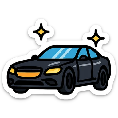 full body high-end luxury car icon, glossy black with multiple small sparkling stars and strong mirror-like reflections, impeccable perfectly clean finish, modern and clean style sticker