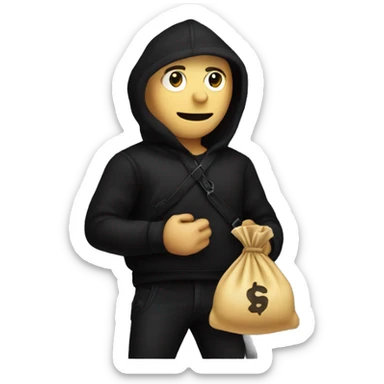 Thief wearing all black clothes stealing a money bag with the words Top Tier embroidered on it sticker