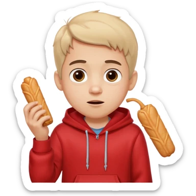 ute funny Spanish cartoon boy named Peque Tito, red hoodie, denim shorts, big expressive eyes, holding a churro, Pixar-style, viral character.” sticker
