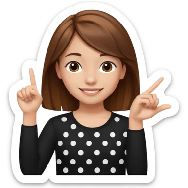 girl wearing a  black polka white dots  shirt style, and poiting witgh her hand, her hair brown  sticker