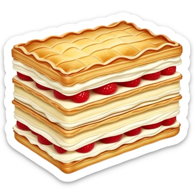 mille-feuille-cinematic-realistic-mille-feuille-dessert-emoji,-depicted-as-a-rectangular delicate-pastry-composed-of-two-crisp-layers-of-puff-pastry-with-a-rich-cream-filling,-rendered-with-intricate-textures-and-elegant,-soft-lighting. Please only show two layers only. sticker