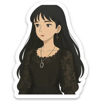 goth girl, pale skin, long black hair, lace dress, silver jewelry, dreamy ghibli-inspired style sticker