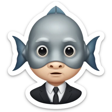 A fish man dressed in a black suit. Its face is grey fish. Just a fish. And The fish is facing upward. The fish’s neck connects smoothly with the collar of the suit. sticker