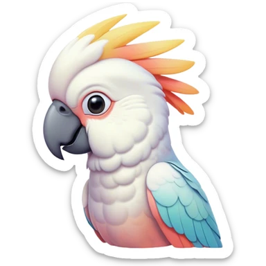 Cinematic Noble Cockatoo Portrait Emoji, Poised and regal, with a striking, crest-adorned head of brilliant white and pastel hues, a robust, curved beak, and piercing, intelligent eyes, Simplified yet sharp and sophisticated features, highly detailed, glowing with a soft, tropical luminescence, high shine, intelligent and majestic, stylized with an air of avian elegance, focused and alert, soft glowing outline, capturing the essence of a watchful and confident cockatoo that appears ready to unfurl its crest out of the screen with effortless authority! sticker