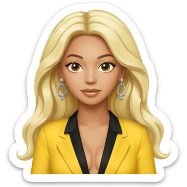 Beyonce with long platinum blonde hair, yellow outfit and earring sticker
