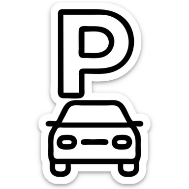 Add a car silhouette below the letter P, keep the outlined, minimal, monochrome classic icon style with no background. sticker