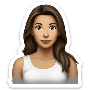 3/4 face, contrasted, shadow, light, Eva Longoria expression, standing from a distance, thin nose, brunette woman, hazel eyes, long eyelashes, dark shoulder shaded hair, white t-shirt, jeans, white sneakers sticker