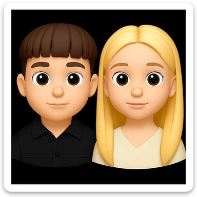 Create 3D emojis of a boy and a girl with large eyes in a cartoonish 3D style, neutral facial expressions, matching the style of the provided examples. sticker