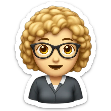 Female teacher with fringe and glasses eating a cookie sticker