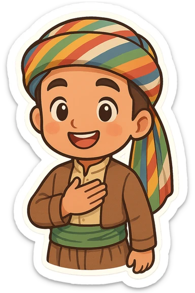 cartoon sticker of a Kurdish man in traditional clothing, hand on chest (salute) pose, open smile, colorful and cheerful, no text, suitable for WhatsApp and Instagram sticker