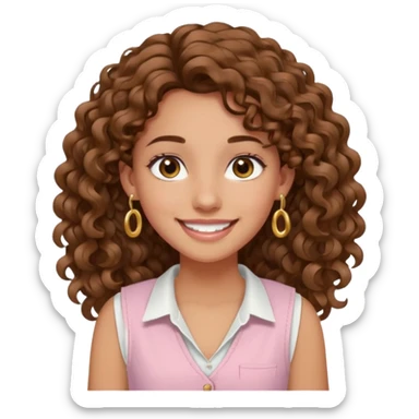 chica un poco morena (no demasiado), pelo rizado largo, sonriendo, con ojos grandes y marrones con camisa rosa palo y un chaleco blanco y aretes dorados en forma de circulo en sus orejas  sticker