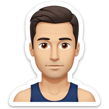 Youthful-looking athletic 40-year-old man with light brown skin, elongated face, defined jawline, attractive features, medium dark eyes, arched eyebrows, straight nose, confident expression, medium wavy dark hair with modern style, wearing a navy blue tank top sticker