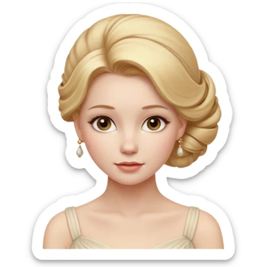 Cinematic Realistic Rococo Portrait, depicted with lifelike skin texture, subtle rosy undertones, and soft natural lighting that enhances the gentle contours of her face. Her intricately detailed golden blonde hair is elegantly styled in an updo, sticker