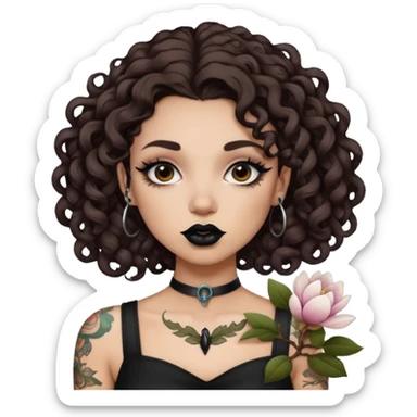 Alternative girl with curly dark brown hair and a magnolia throat tattoo sticker