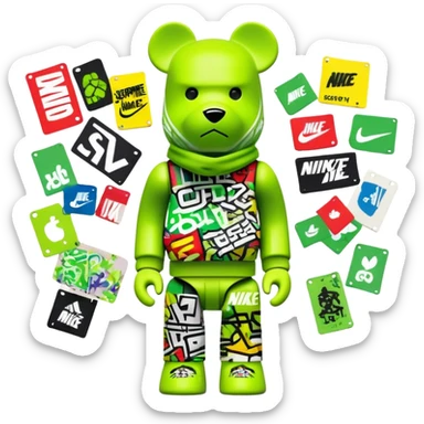 geometric bearbrick toy wearing a lime green balaclava completely covered with chaotic streetwear brand logos, graffiti-style tags, Nike, Adidas, Supreme, Off-White all mixed together in urban style, aggressive look sticker
